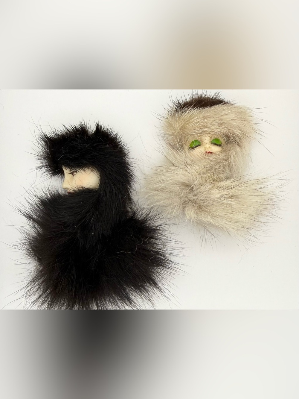 2 Vintage Antique Mink Glamour Girl Lady Head Face Bust Mink Fur Brooch Pin lot